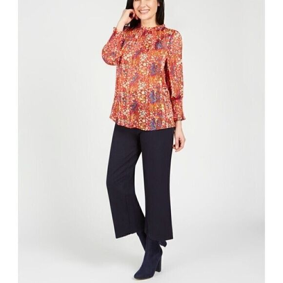 Rachel Zoe Red Floral High Neck Smock Sleeve Blouse Multicolor Red Size Medium - Picture 2 of 12